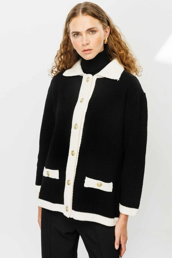 Black Textured Polo Collar Cardigan - 7