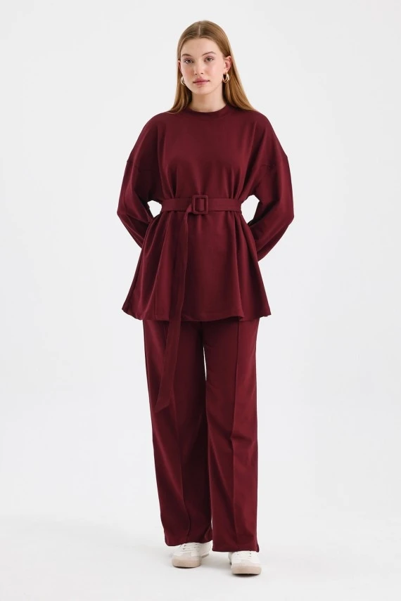 Bordo Kemerli Basic Sweat Pantolonlu Takım - 5