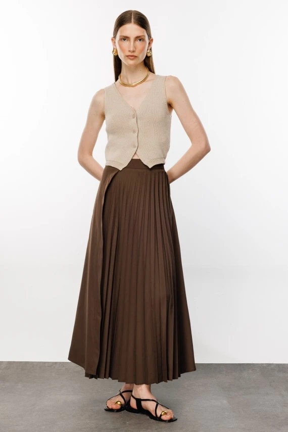 Brown Pleated Detail Skirt - 3