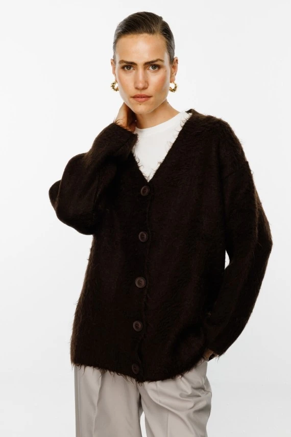 Brown Textured Knit Cardigan - 1