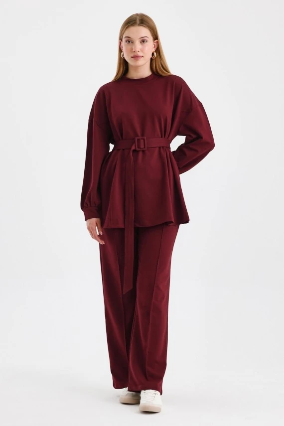 Burgundy Belted Basic Sweatpants Set - 1