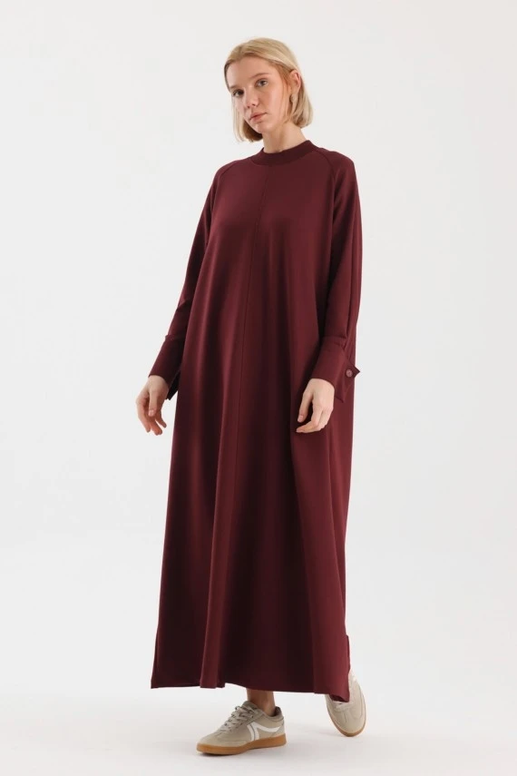 Burgundy Cuff Detailed Basic Dress - 7