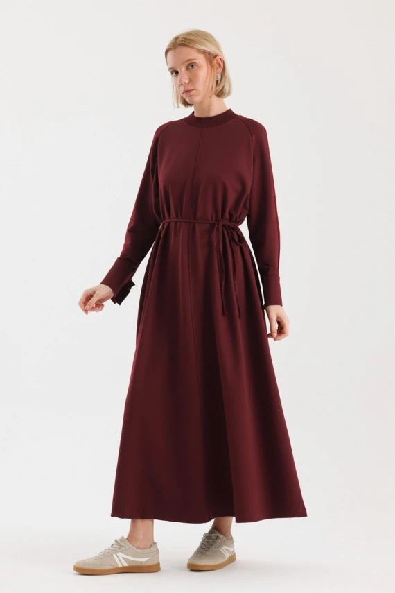 Burgundy Cuff Detailed Basic Dress - 1