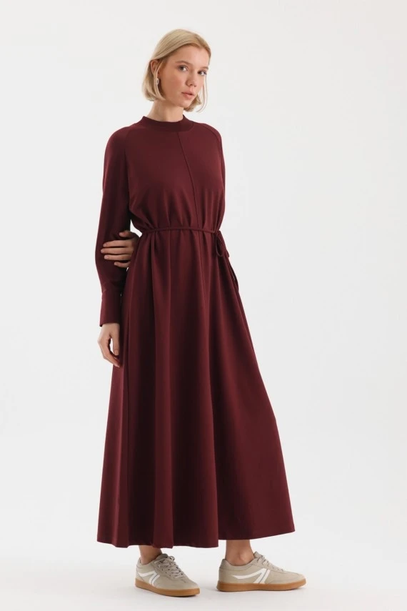 Burgundy Cuff Detailed Basic Dress - 2