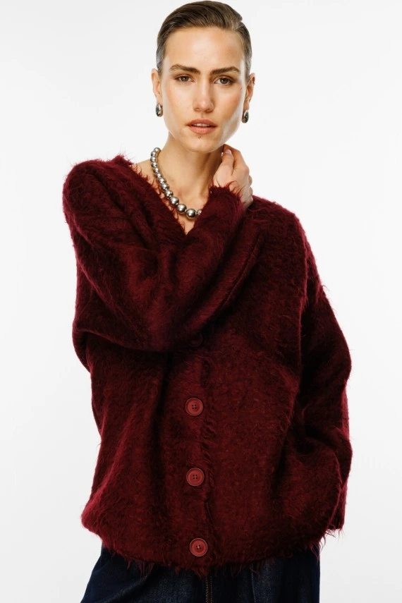 Burgundy Textured Knit Cardigan - 3