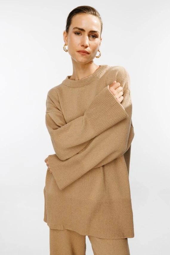 Camel Knit Sweater With Scarf - 4