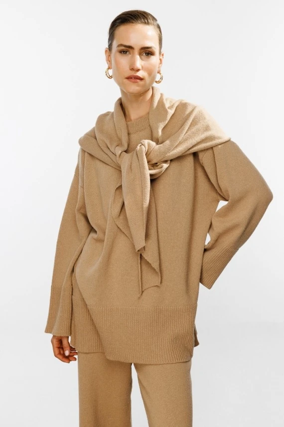 Camel Knit Sweater With Scarf - 5