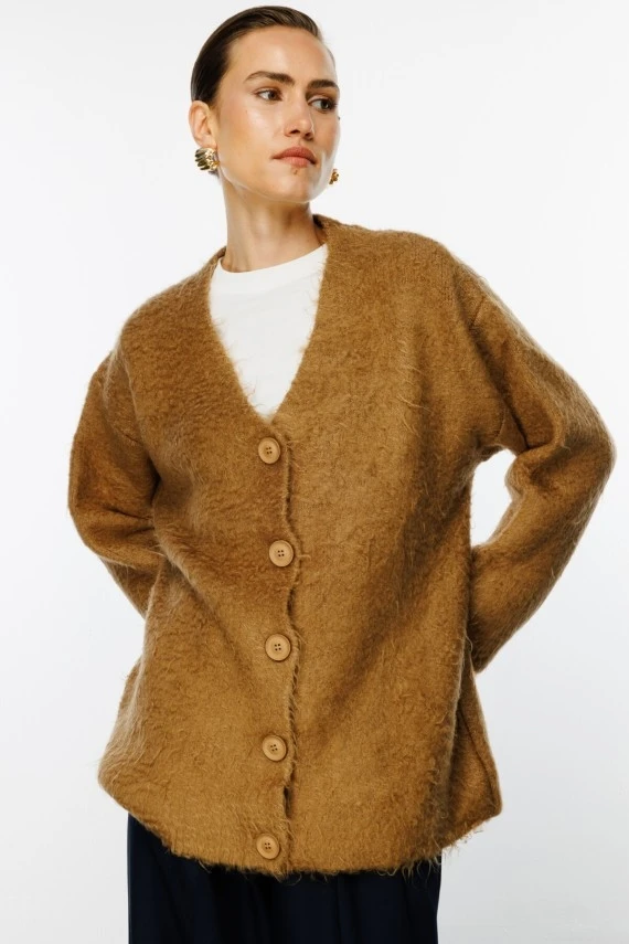 Camel Textured Knit Cardigan - 1