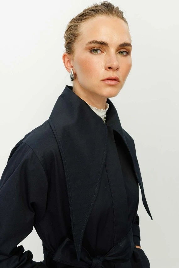 Dark Blue Wide Collar Trench Coat - 5