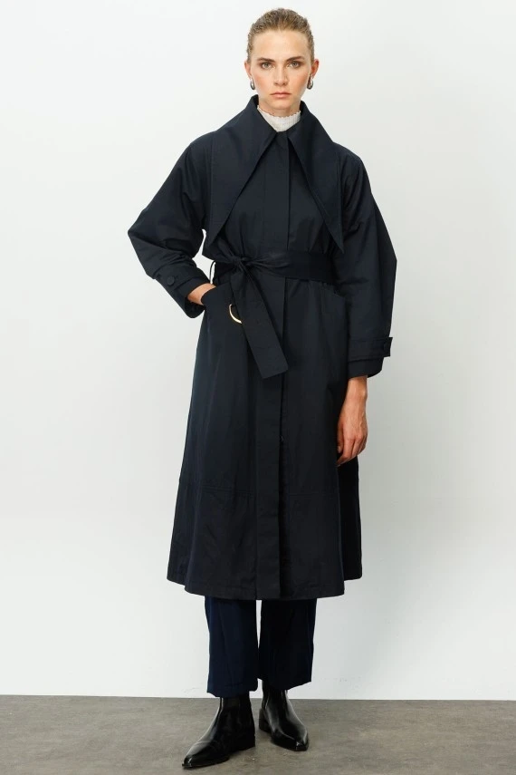 Dark Blue Wide Collar Trench Coat - 1