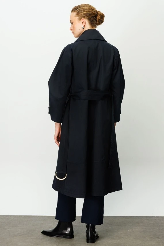 Dark Blue Wide Collar Trench Coat - 7