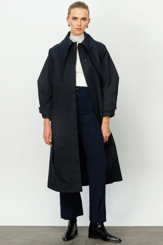 Dark Blue Wide Collar Trench Coat - 6