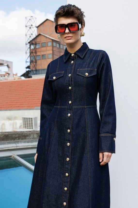 Dikiş Detaylı Denim Elbise - 4