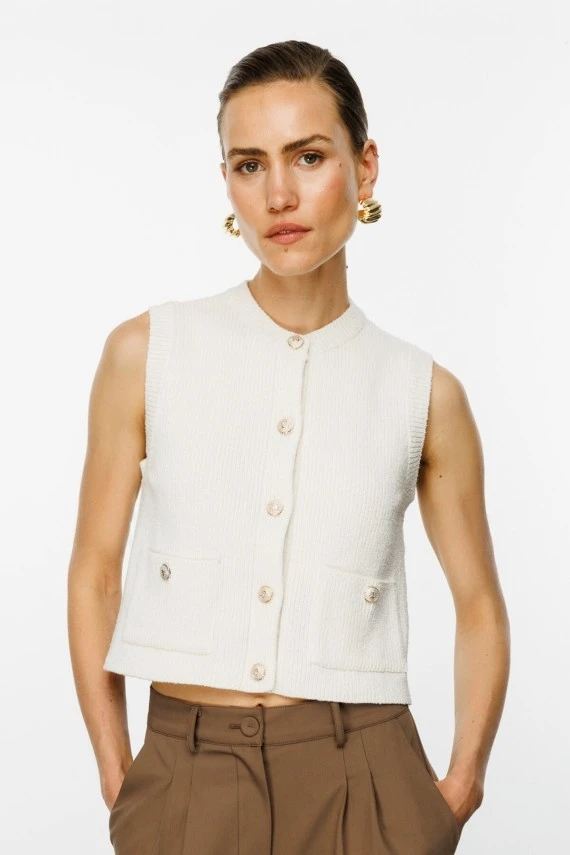 Ecru Knit Vest with Gold Buttons - 1