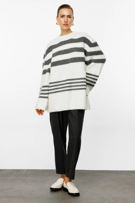 Ecru Striped Oversized Knit Cardigan - 3