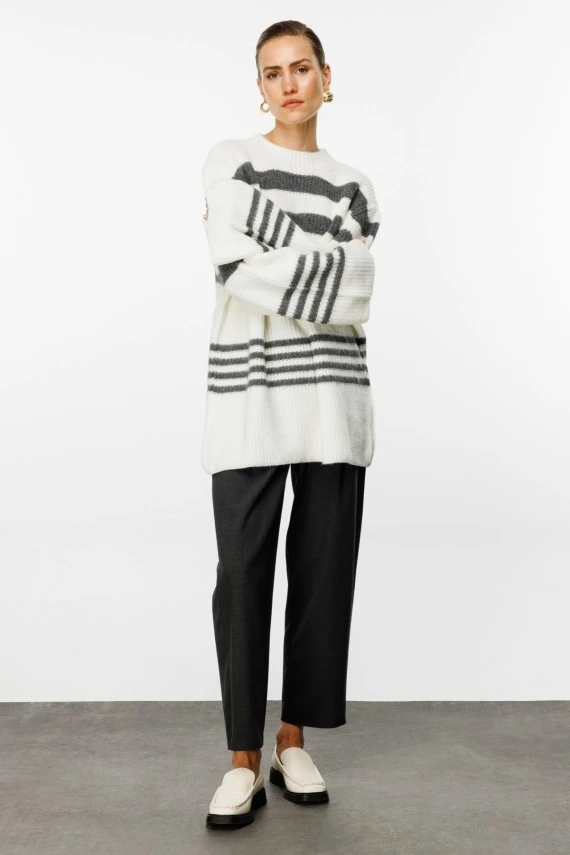 Ecru Striped Oversized Knit Cardigan - 4