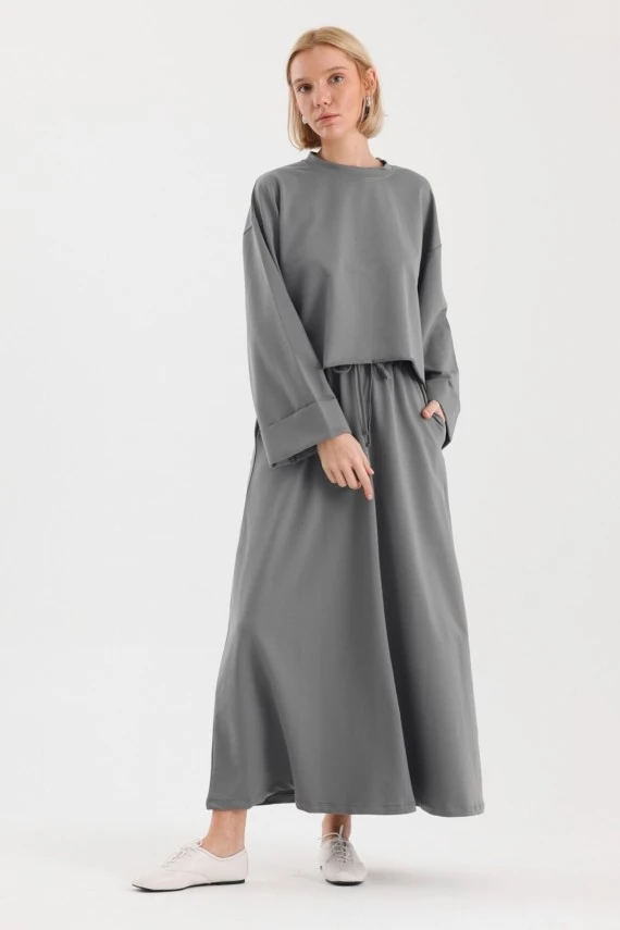 Gray Double-Sleeve Detailed Skirted Basic Set - 2