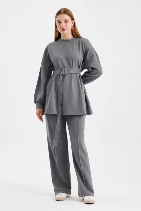 Grey Belted Basic Sweatpants Set - 3