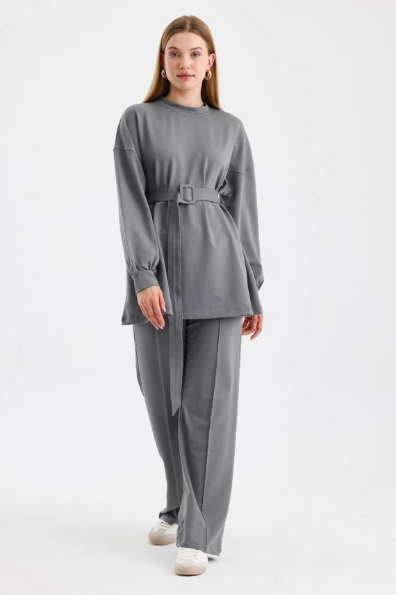 Grey Belted Basic Sweatpants Set - 5