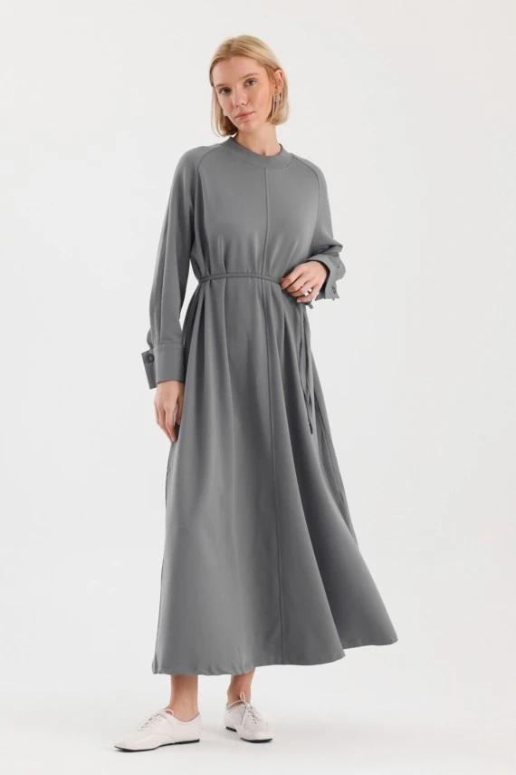 Grey Cuff Detailed Basic Dress - 1