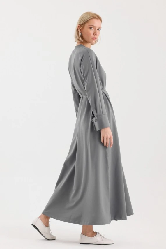 Grey Cuff Detailed Basic Dress - 2