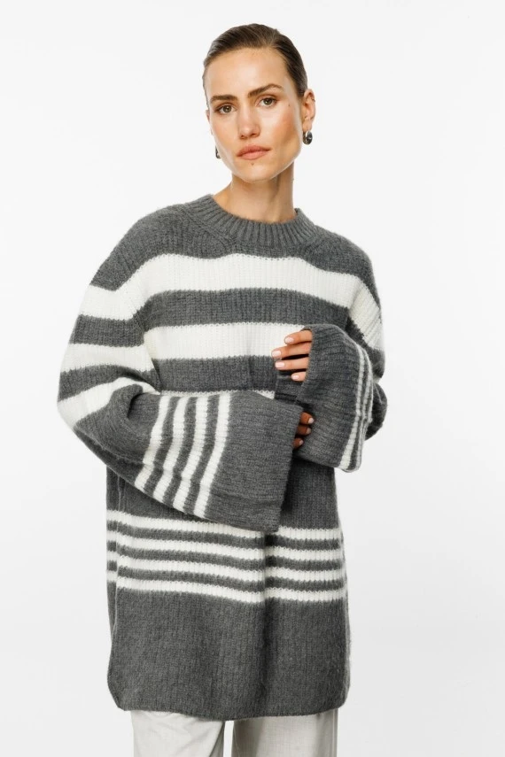 Grey Striped Oversized Knit Cardigan - 1