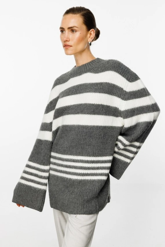 Grey Striped Oversized Knit Cardigan - 3