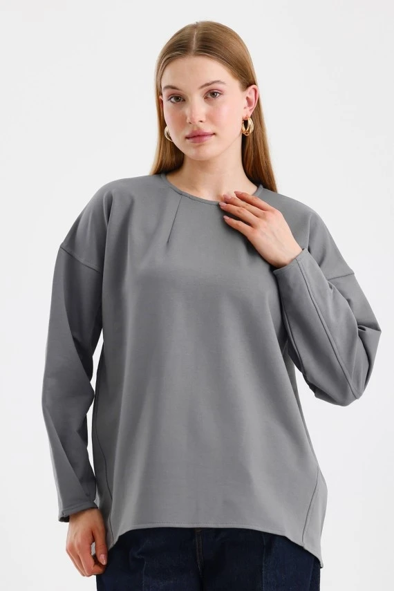 Grey Sweatshirt with Stitch Detail on the Sleeves - 5