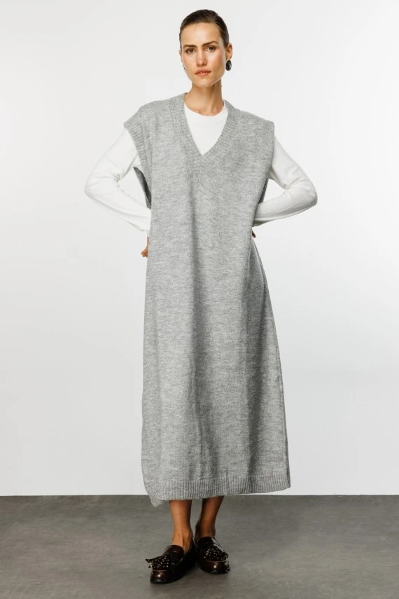 Grey V-Neck Knit Dress - 1