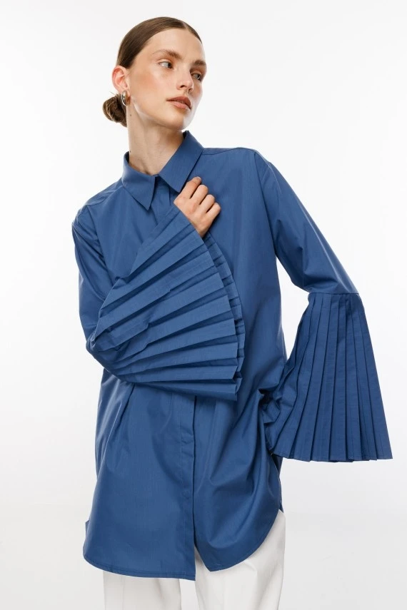 Indigo Pleated Sleeve Shirt - 1