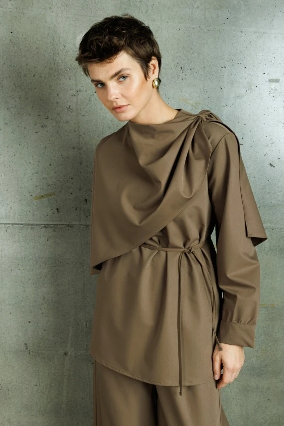 Khaki Drape Neck Design Blouse - 5