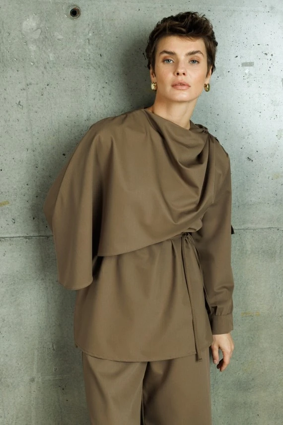 Khaki Drape Neck Design Blouse - 6