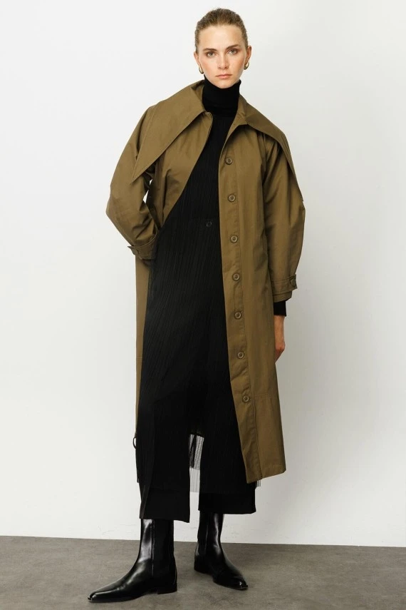 Khaki Wide Collar Trench Coat - 8