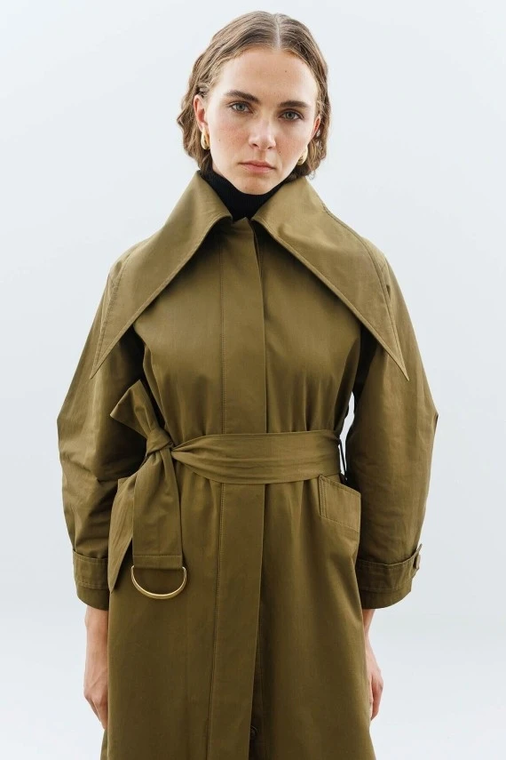 Khaki Wide Collar Trench Coat - 2