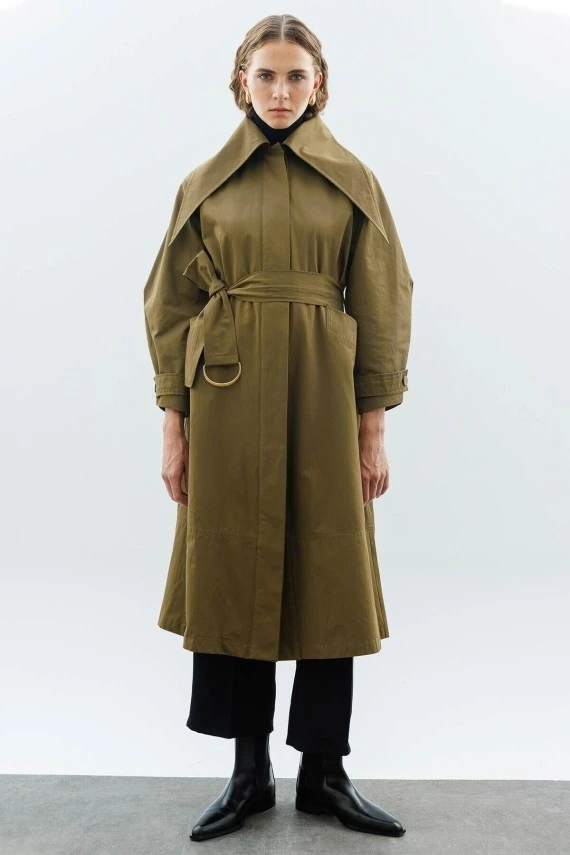 Khaki Wide Collar Trench Coat - 1