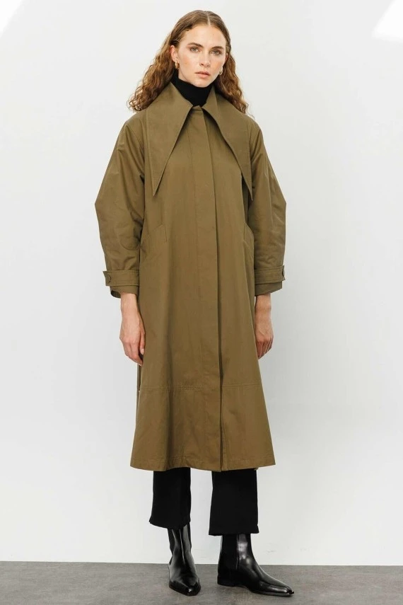 Khaki Wide Collar Trench Coat - 7