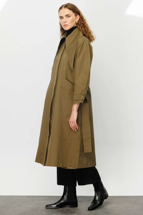 Khaki Wide Collar Trench Coat - 10