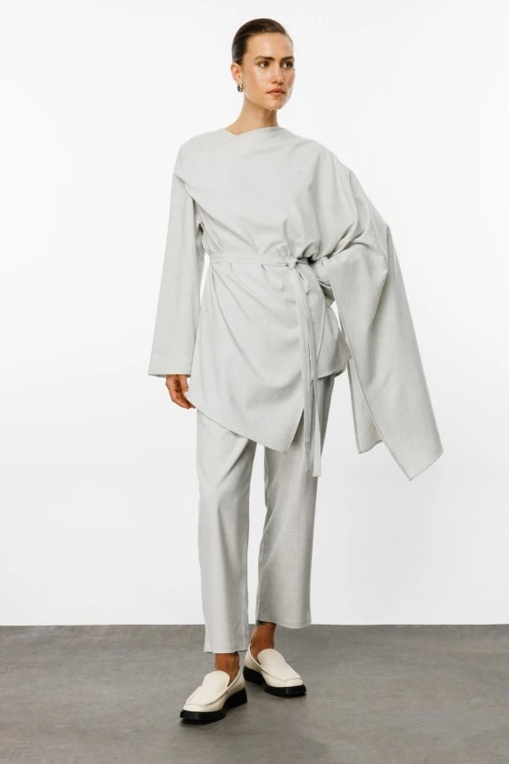 Light Gray Asymmetrical Blouse with Shawl Detail - 3