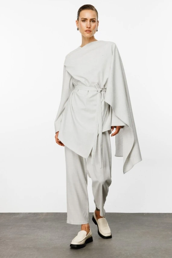 Light Gray Asymmetrical Blouse with Shawl Detail - 1