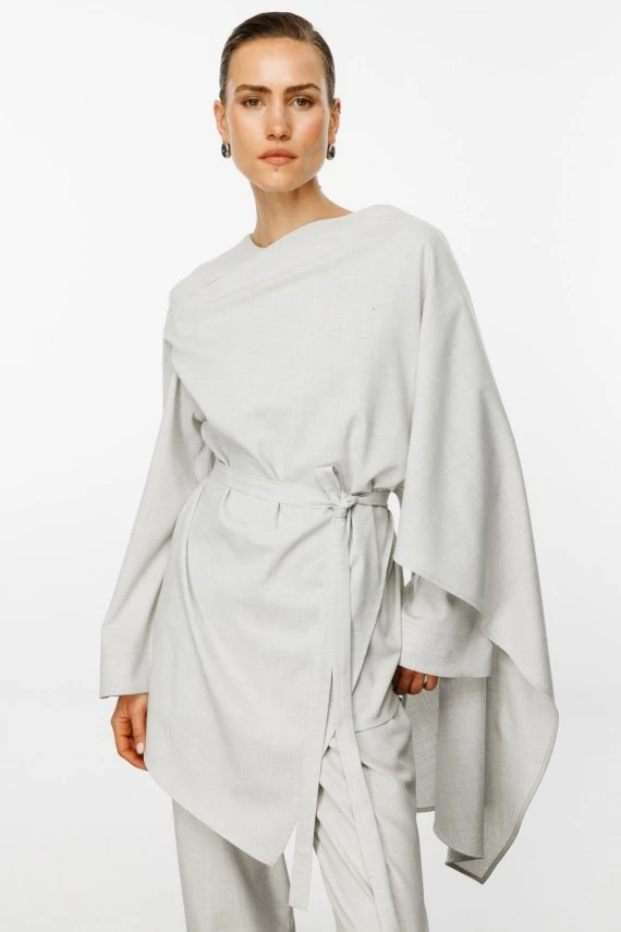 Light Gray Asymmetrical Blouse with Shawl Detail - 5