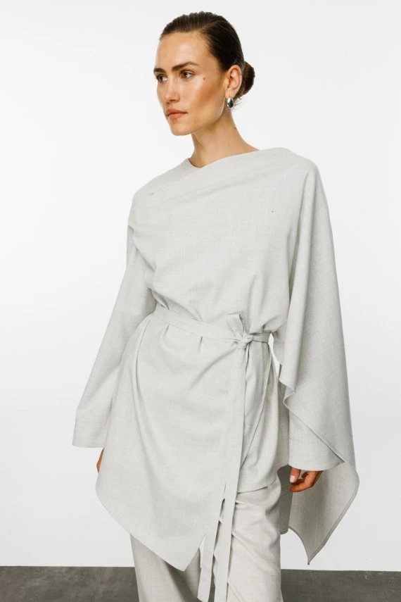 Light Gray Asymmetrical Blouse with Shawl Detail - 2