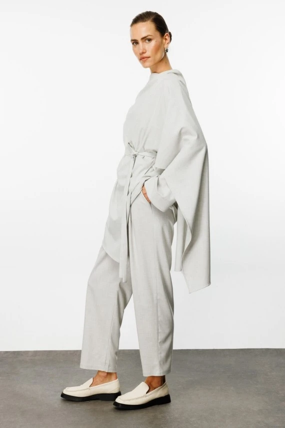 Light Gray Asymmetrical Blouse with Shawl Detail - 4