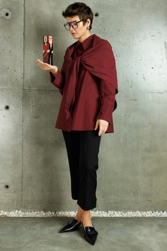 Burgundy Shirt with Removable Scarf - 4