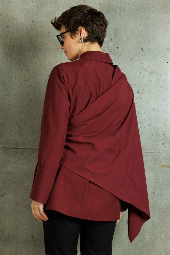 Burgundy Shirt with Removable Scarf - 3