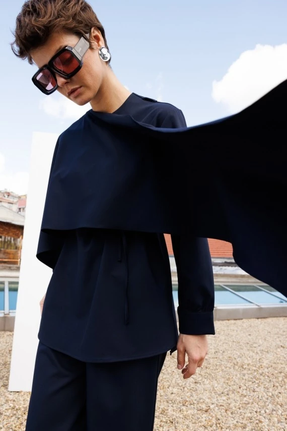 Navy Drape Neck Design Blouse - 4