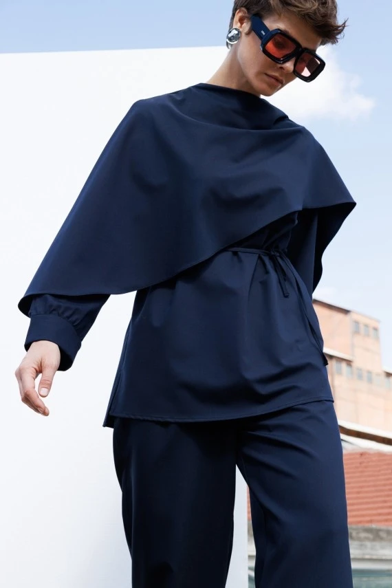 Navy Drape Neck Design Blouse - 9