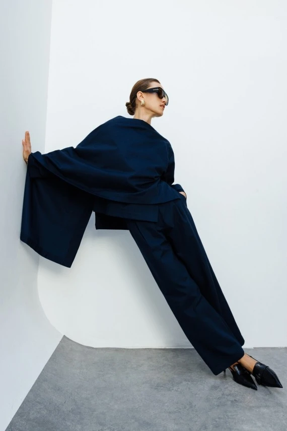 Navy Gabardine Cape Jacket - 3