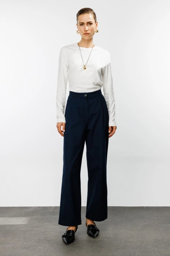 Navy Gabardine Palazzo Pants - 3