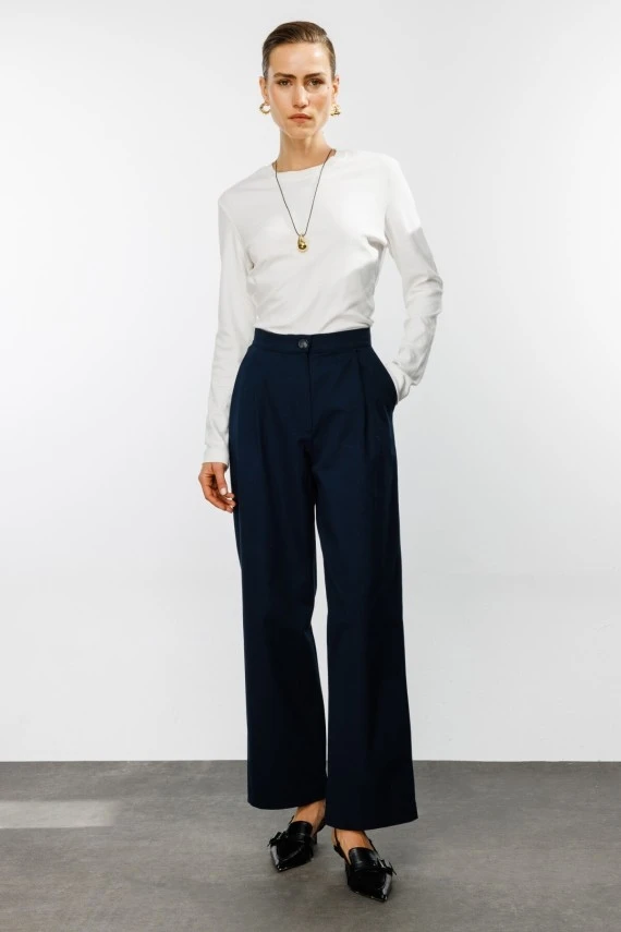 Navy Gabardine Palazzo Pants - 1