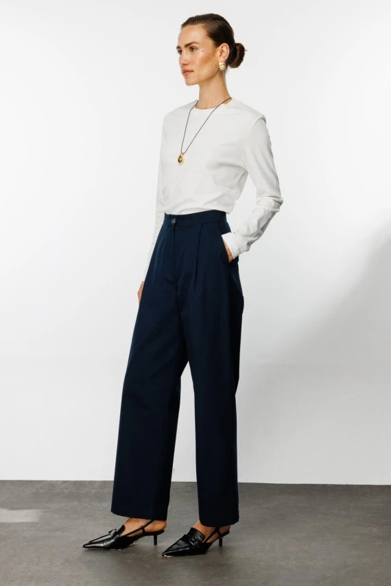 Navy Gabardine Palazzo Pants - 4